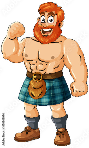 Muscular Cartoon Scotsman in Traditional Kilt Flexing Arm