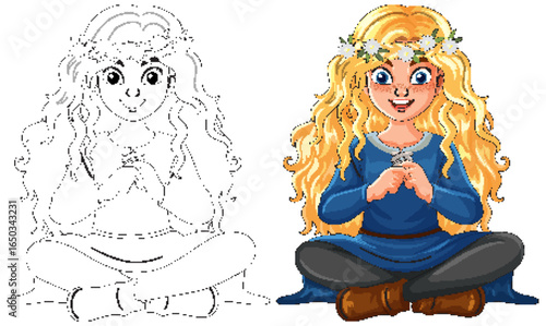 Blonde Girl in Blue Dress Sitting Cross-Legged