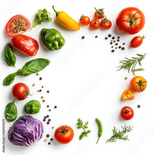 Colorful vegetables and herbs arranged in a square frame on a white background