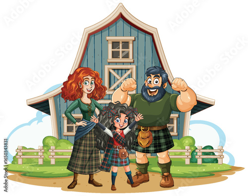 Scottish Family in Traditional Kilts Outside Farmhouse