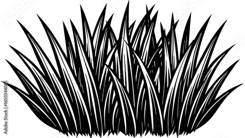 Vector illustration of a dense patch of black grass blades against a white background in a vector style