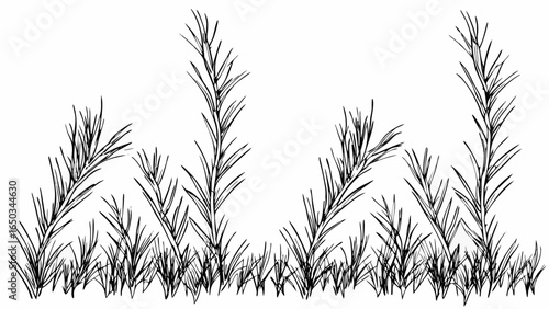 Vector illustration of a field of tall grass with detailed blades in black and white simple nature drawing style