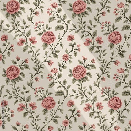 Wallpaper Mural Vintage floral pattern with pink roses and greenery Torontodigital.ca