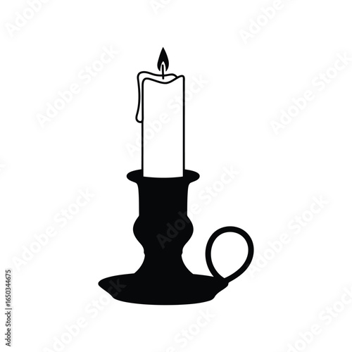 Antique candle in candlestick vintage lighting gothic decor old fashioned illumination isolated black silhouette
