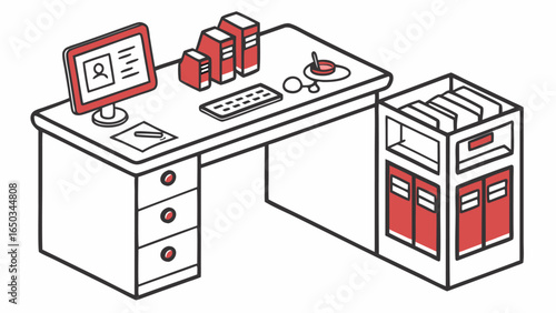 Vector illustration of a desk with computer books keyboard and accessories next to a filing cabinet with files