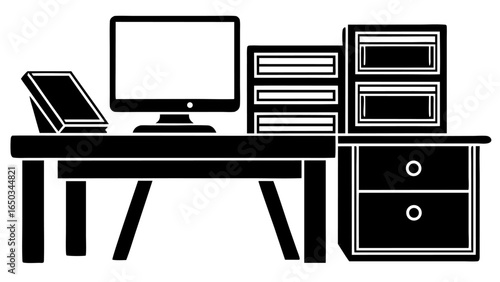 Vector illustration of a desk with a computer monitor book shelves and drawers in black and white outline