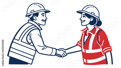 Vector two construction workers shaking hands wearing safety vests and hard hats in a friendly manner