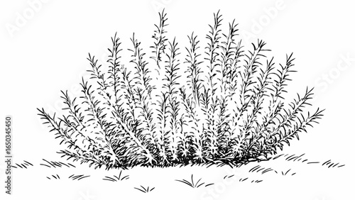 Vector illustration of a dense bush with slender leaves and grass in a monochrome ink drawing style art