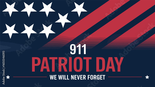 911 patriot day banner with american flag stars and red stripes on dark background, we will never forget tribute design for september 11
