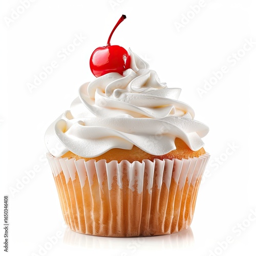 Single cupcake with white frosting and a cherry