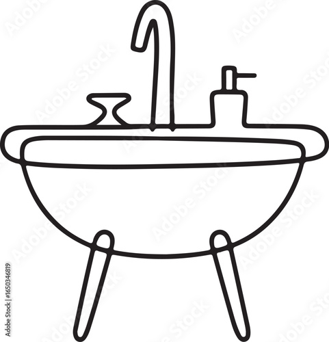 Simple line drawing of a freestanding bathtub with a faucet and soap dispenser