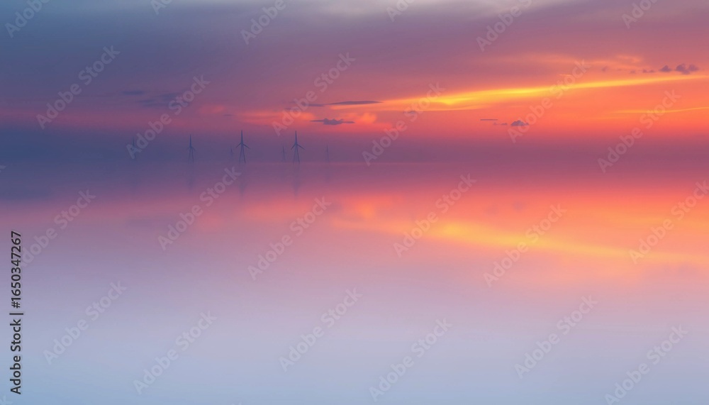 Obraz premium Dreamy pastel sunset horizon over calm water, ethereal gradient sky background ideal for wellness brands, travel blogs, inspirational quotes, and minimalist design.
