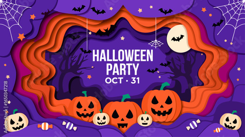 Spooky Halloween Party Invitation with Pumpkins and Monsters Under the Moonlight Creating a Festive Atmosphere for a Night of Tricks and Treats