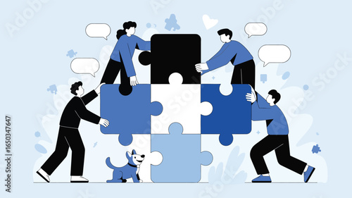 teamwork and collaboration concept illustration with people connecting puzzle pieces, working together, solving problems, flat design