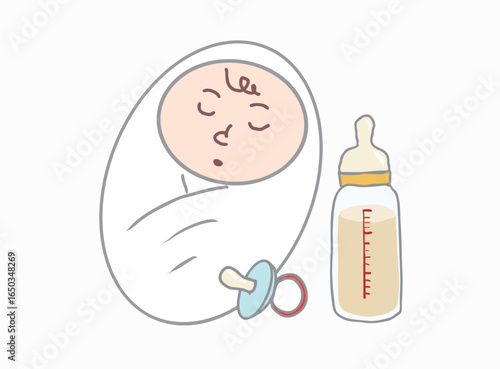 Illustration of a baby wrapped in a cloth, a baby bottle filled with powdered milk, and a pacifier