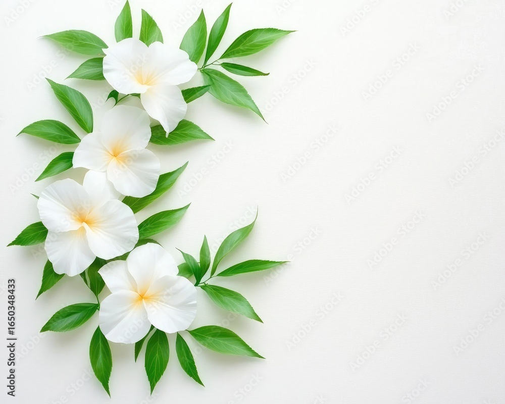 Fototapeta premium White flowers and leaves arranged in a semicircle on a white background