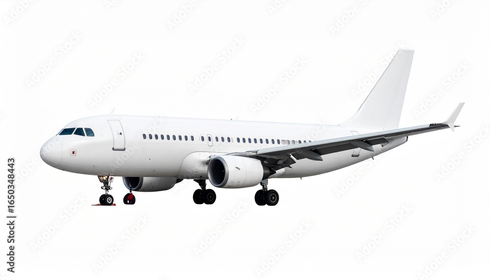 Obraz premium Sleek white commercial airliner ready for take off against a clean white backdrop for airline industry visuals