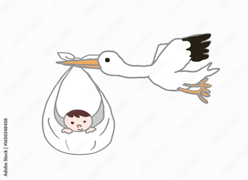 Fototapeta premium Illustration of a baby wrapped in a cloth being carried by a stork