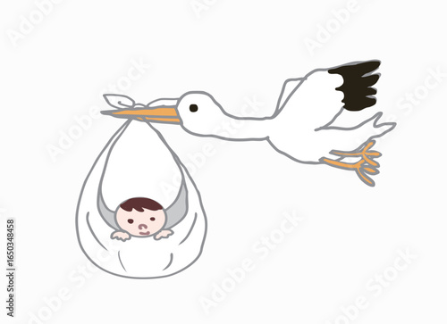Illustration of a baby wrapped in a cloth being carried by a stork