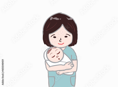 Illustration of a midwife holding a newborn baby