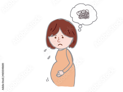 Illustration of a pregnant woman with a large belly in the final month of pregnancy, with an anxious and troubled expression
