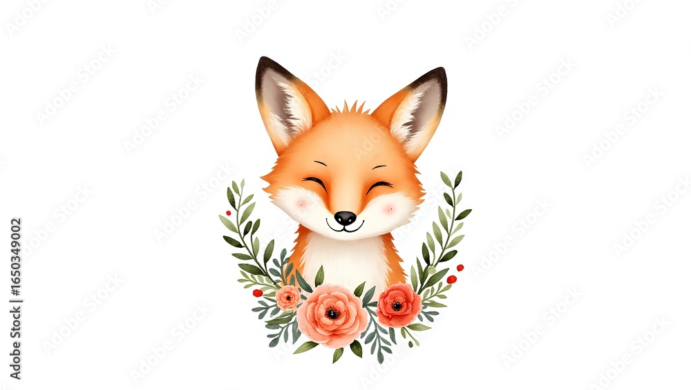 Fototapeta premium Adorable fox surrounded by flowers and leaves in a woodland style. Perfect for nursery art, children designs, greeting cards, and nature themed illustrations.