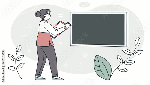 Young female teacher writing on a blank blackboard, minimalist line art style, calm and educational mood, perfect for online learning, teaching resources, and educational websites.