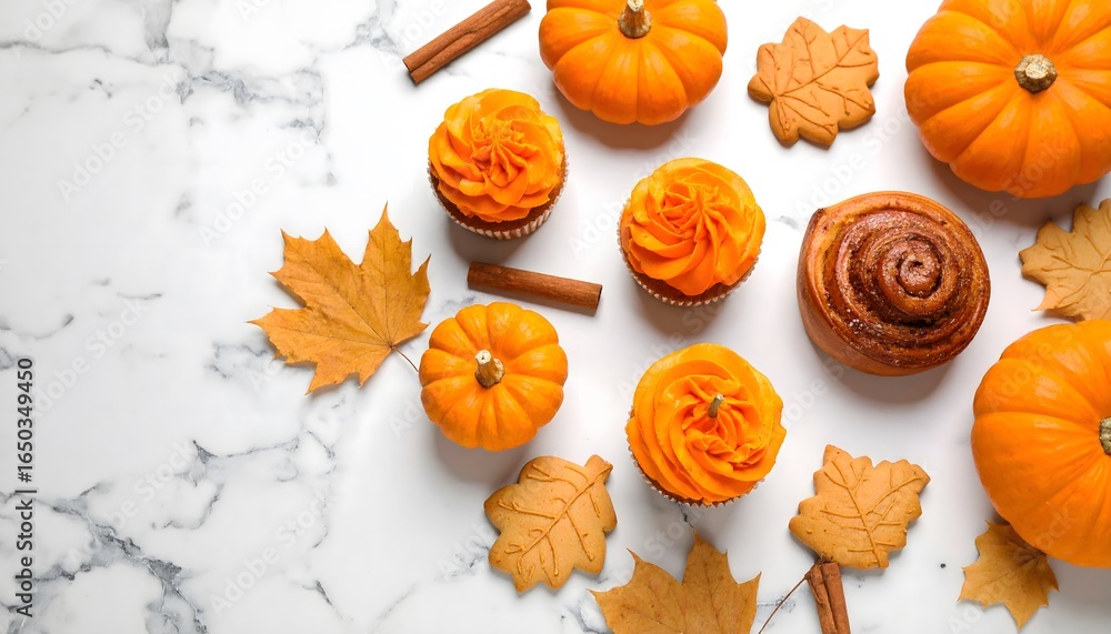 Fototapeta premium Autumn Flat Lay with Pumpkins, Orange Cupcakes, and Fall Treats on Marble