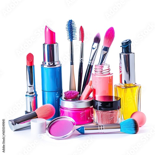 Colorful cosmetic products arranged on white background