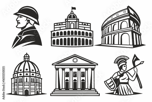 Collection of ancient roman architecture and symbols isolated on white background