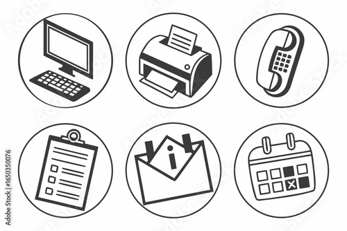 Office equipment icons isolated on white background for business and work