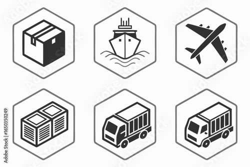 Isometric icons representing various modes of transportation and delivery