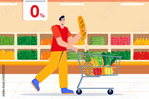 Man shops for groceries with a full cart and a loaf of bread