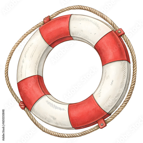 Classic red and white lifebuoy with rope on black background