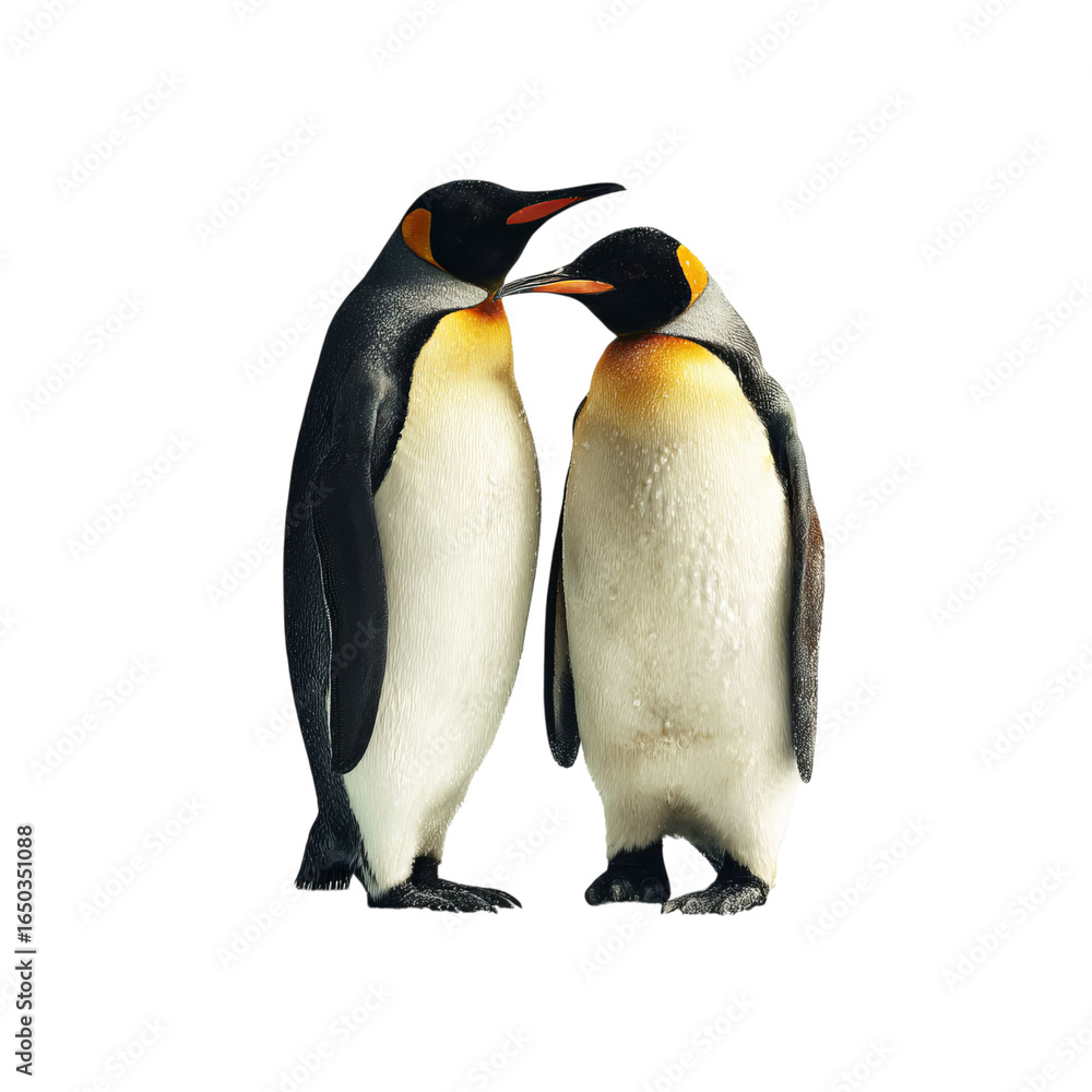 Fototapeta premium Png of Two Emperor penguins standing close, showcasing their striking orange and yellow markings against a dark background.