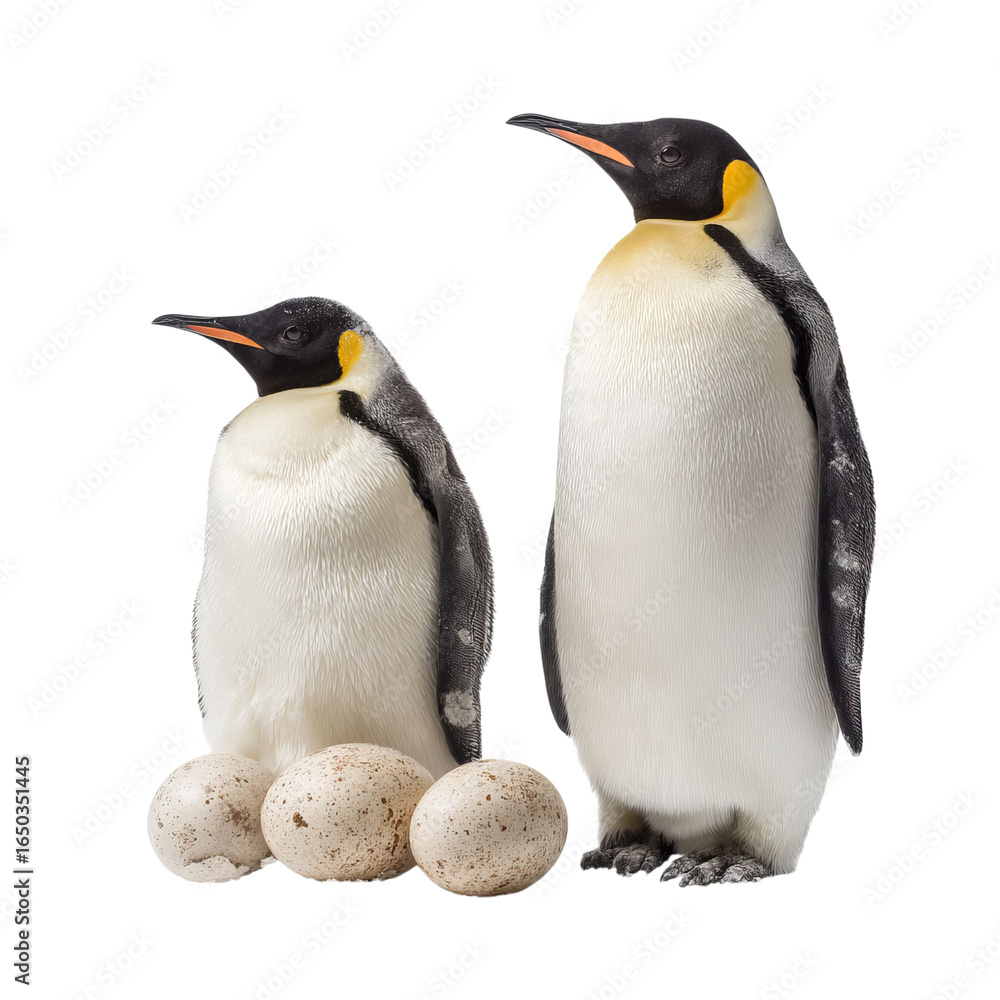 Fototapeta premium Png of Two emperor penguins standing protectively beside their eggs, showcasing their unique black and white plumage.