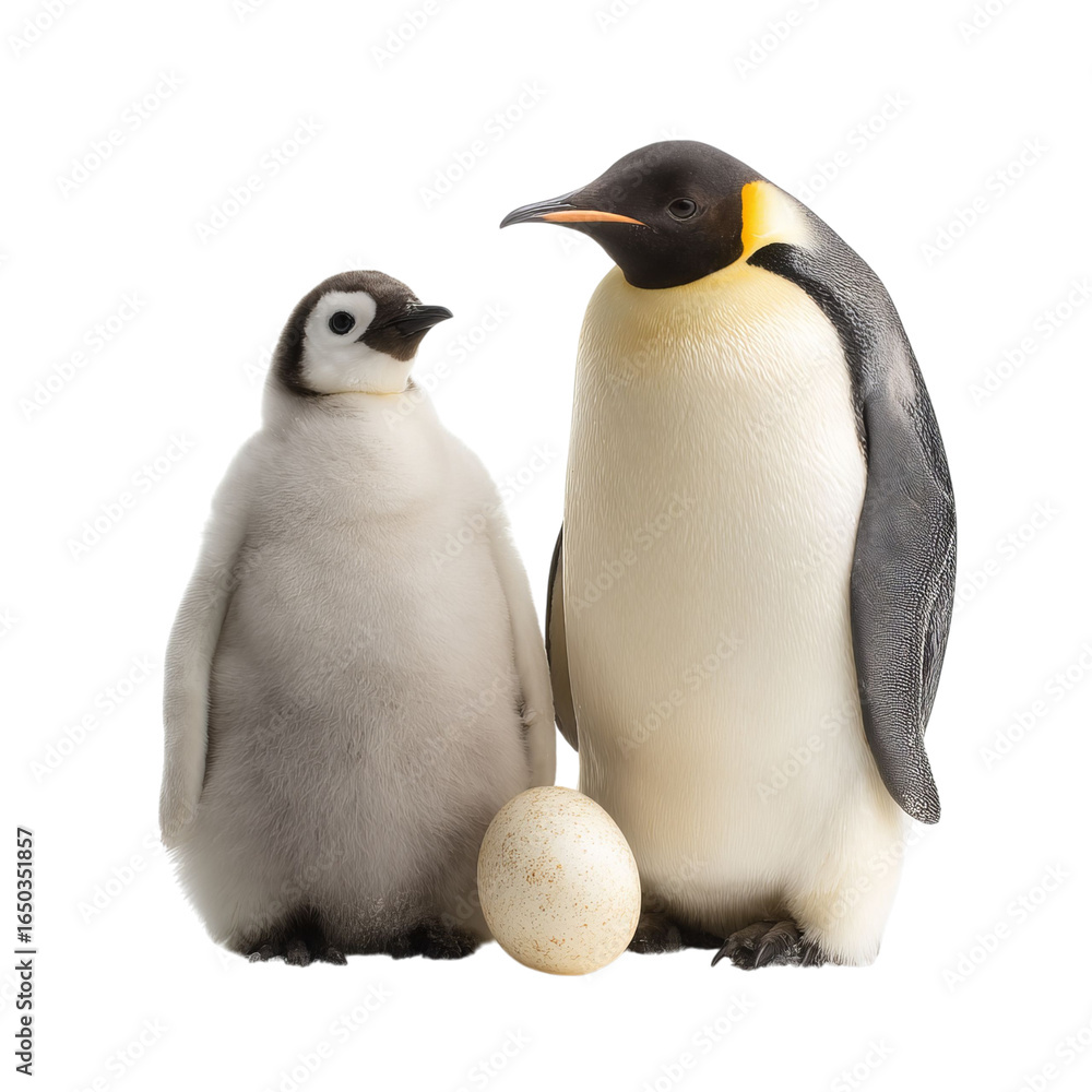 Fototapeta premium Png of An adult emperor penguin and a fluffy chick beside a speckled egg, showcasing a tender moment in the cold environment.