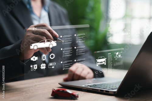 Car service and AI-Powered Automotive Repair Analytics, Businessman reviews statistical data from service center, Checklist, Automated system, Vehicle maintenance insights and performance improvement