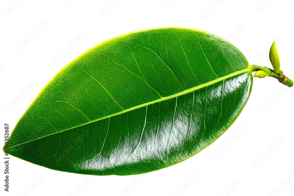 Obraz premium Bright green leaf, oval shape, smooth texture, isolated on white background