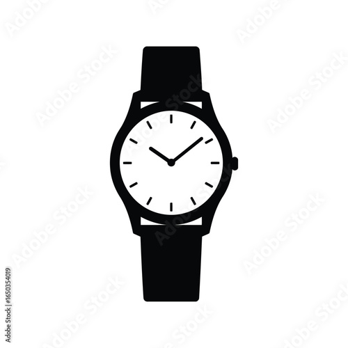 Classic black wristwatch silhouette analog timepiece elegant accessory isolated vector graphic