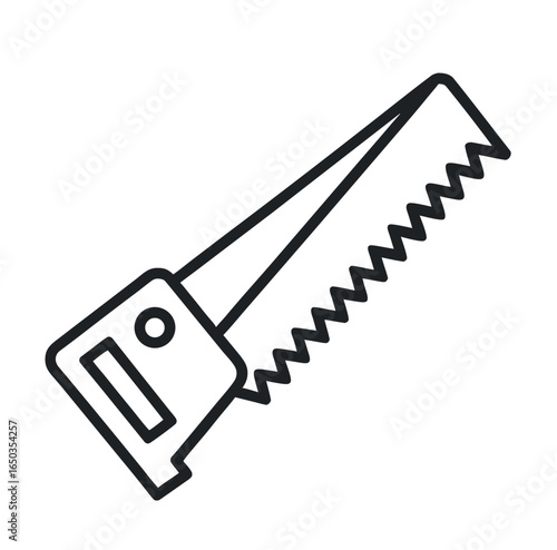 Black and white icon of a handsaw tool cutting