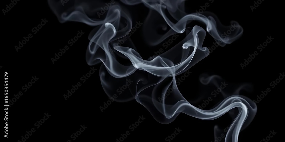 Fototapeta premium Wispy gray smoke curls and dissipates against a stark black background, photography, still life