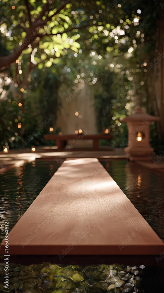 Fototapeta premium Wooden Walkway Through Tranquil Garden Setting