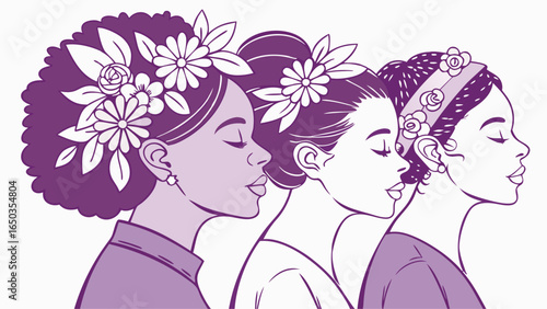 Three Black women in profile, adorned with floral headpieces, peaceful serene line art illustration, purple palette, empowerment, sisterhood, unity, feminine beauty, elegant minimalist style.