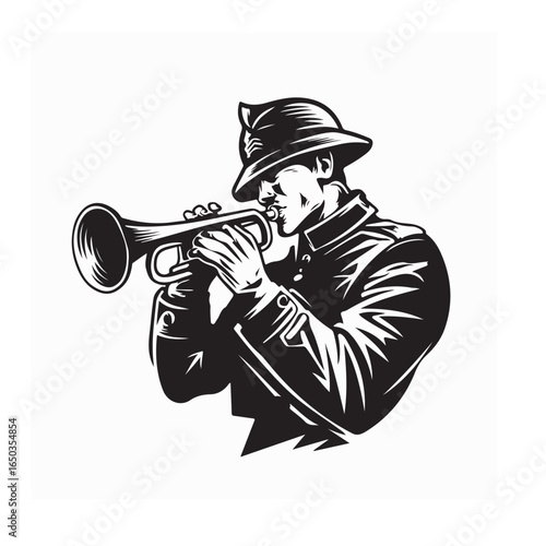 Soldier blowing bugle crest logo vector isolated on white background
