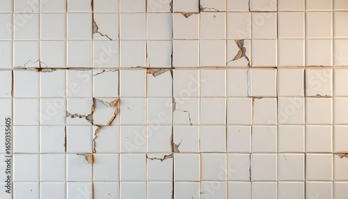 A wall of broken white tiles, showing significant damage and decay,  white,  fragmented