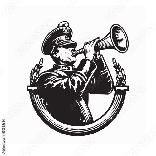 Soldier blowing bugle crest logo vector isolated on white background
