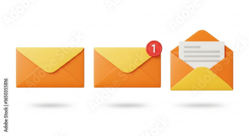 A collection of 3D orange envelope icons representing email communication, new message notifications, and reading mail.