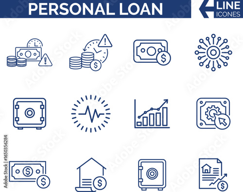 Modern Finance and Personal Loan Icon Set. Banking, Credit, Debt, Borrowing, Repayment, Money, Mortgage, Interest Rate, Credit, Cash Loan, Installment Icon Vector.