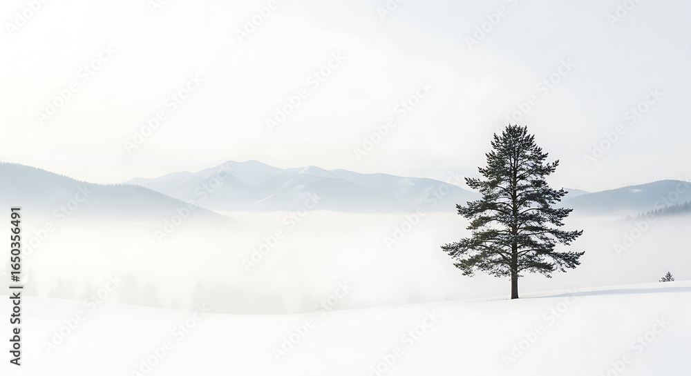 Obraz premium A lone evergreen tree stands in a snow-covered field, with mountains and fog visible in the background under a bright, overcast sky.